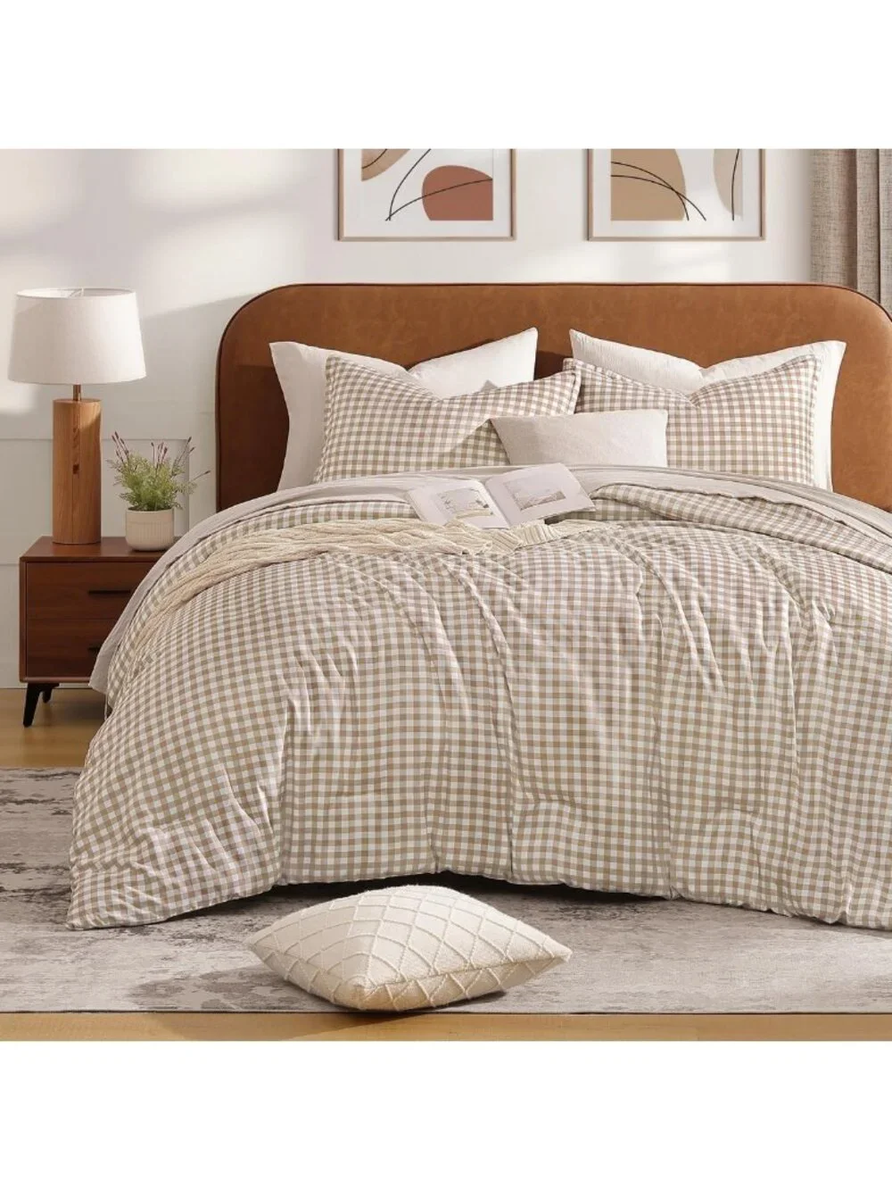 Cozy Tan Gingham Twin Comforter Set | Brown Checkered Plaid Bedding Decor